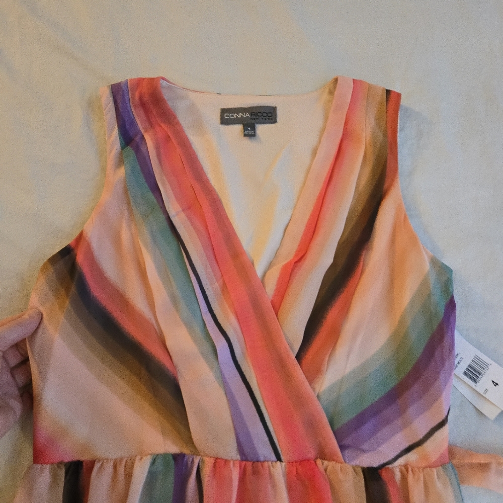 Donna Ricco Multicolor Bright Rainbow Striped Nude Maxi Wrap Front Dress CW3 - Picture 11 of 14